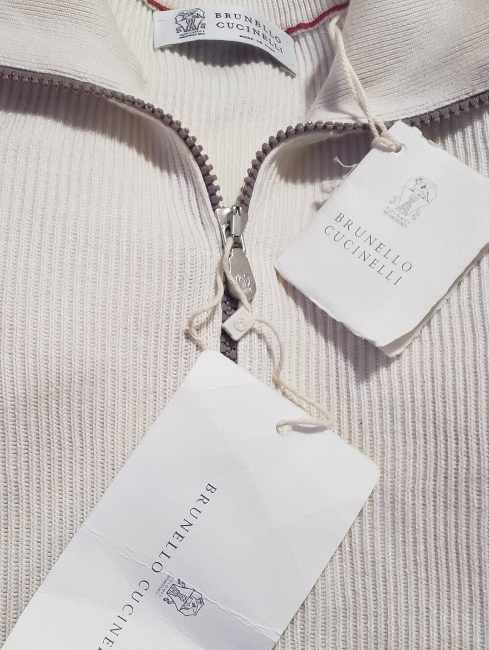 Brunello Cucinelli Cream Ribbed Zip Cardigan with Silver Zip - Picture 5 of 5